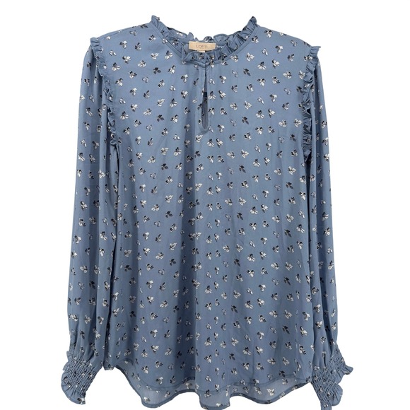 LOFT Tops - Loft Outlet Blouse Long Sleeve Blue Floral Ruffle Neck Keyhole Smocked Sz Small